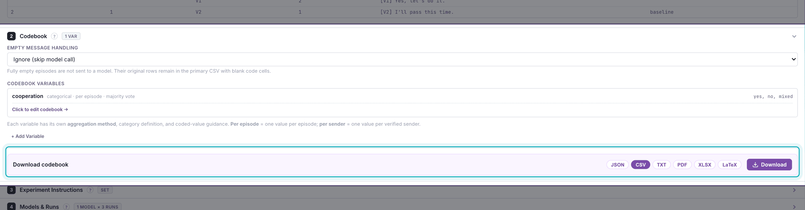 CAT controls for downloading a completed codebook in multiple formats