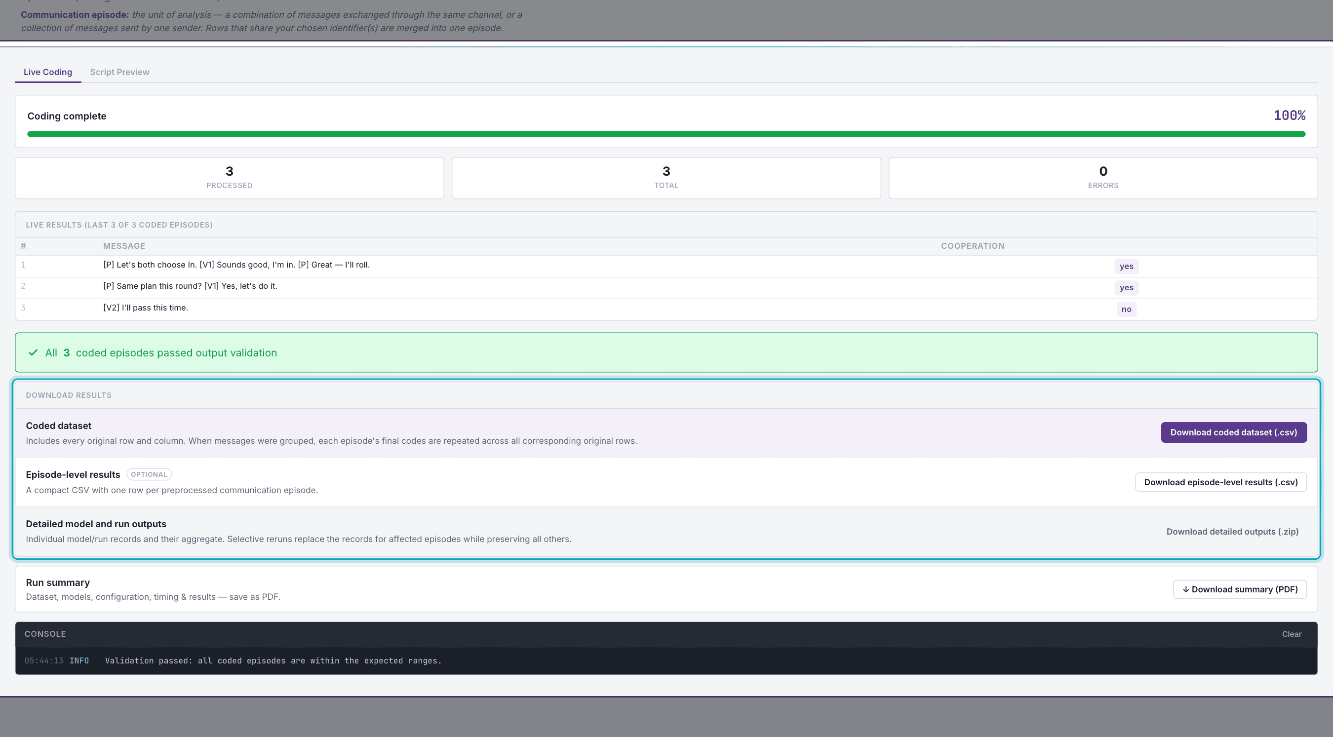 CAT results review table, validation status, and download controls