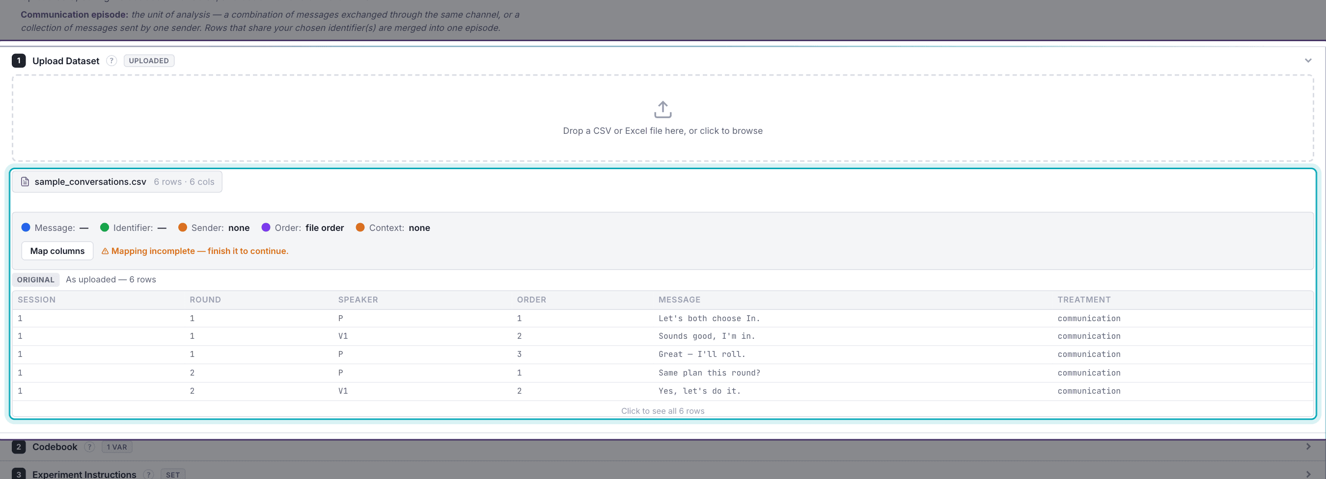 CAT interface for uploading a communication dataset