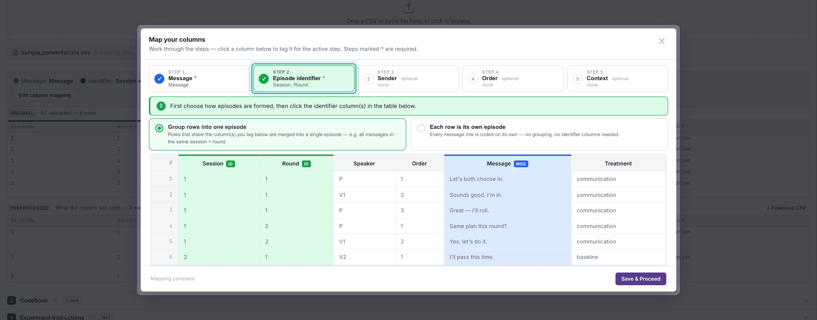 Map Columns window with Session and Round selected as episode identifiers