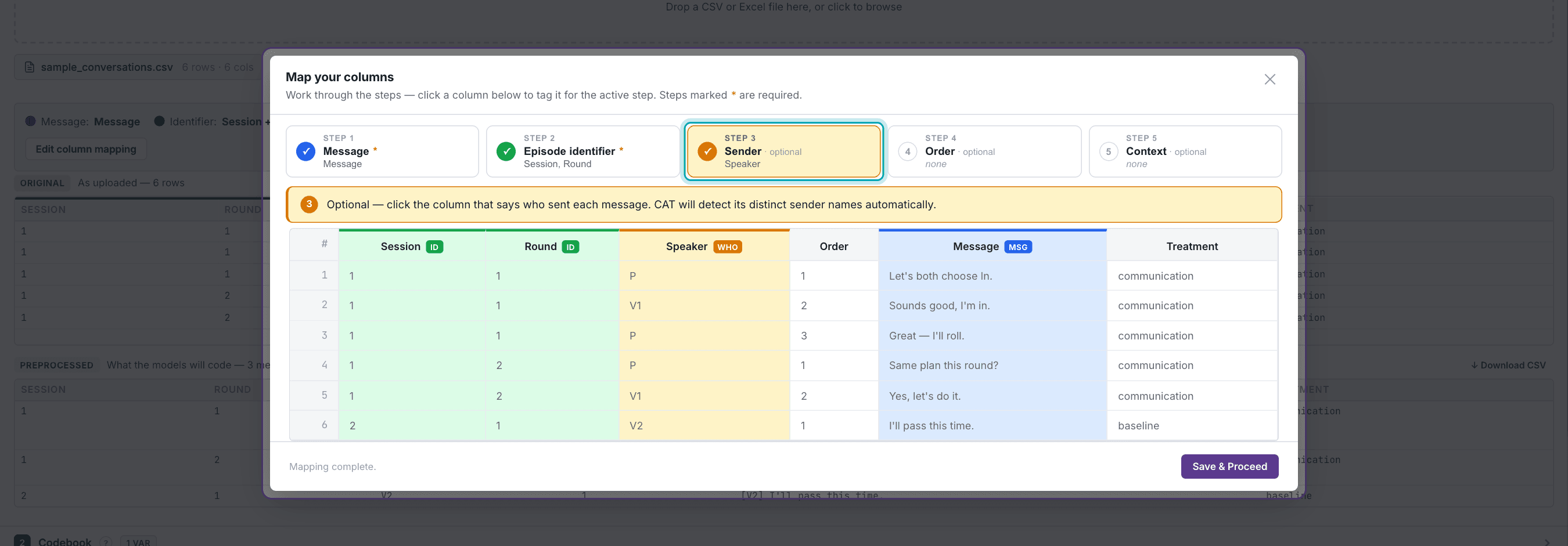 Map Columns window with Speaker selected as Sender