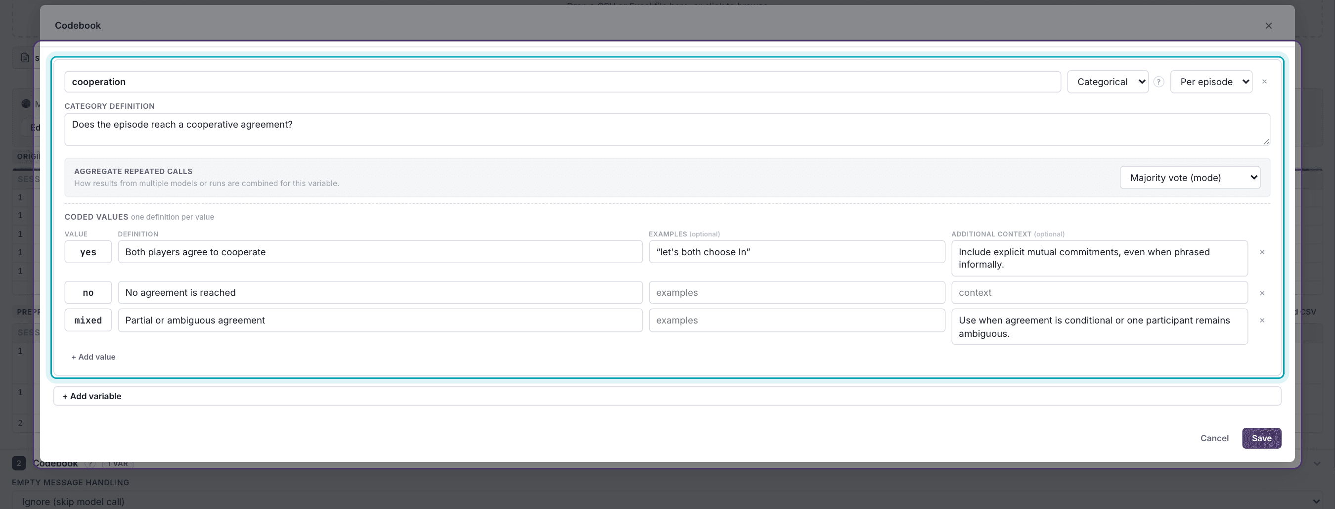 CAT codebook variable card with categorical values and aggregation settings